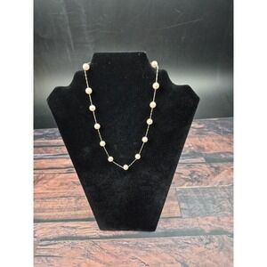 Signed RMN Necklace 18" Silver Tone Bright White Faux Pearls Station Chain Vtg